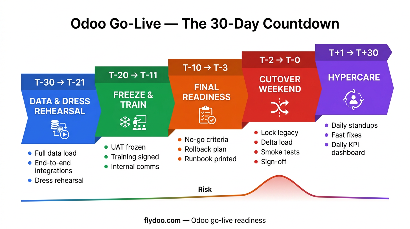 The 30-day go-live countdown, from data load to hypercare.