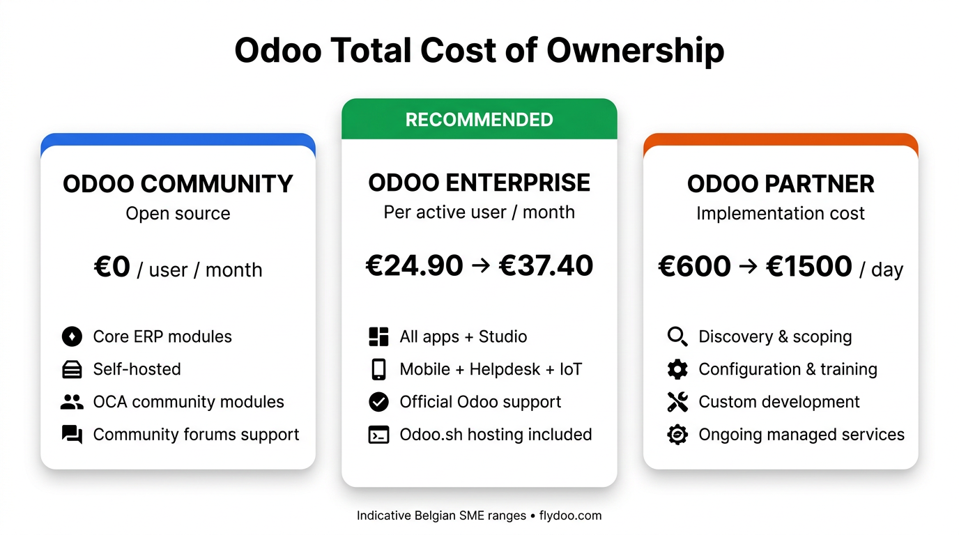 Indicative Odoo total cost of ownership for Belgian SMEs.